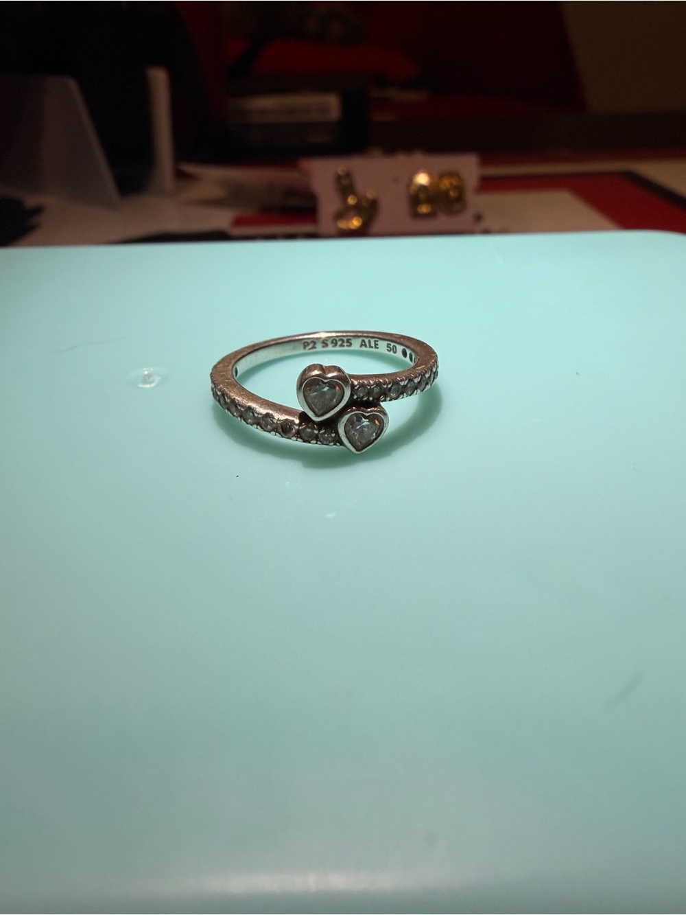 Pandora Silver Double Heart Ring with Clear Stones